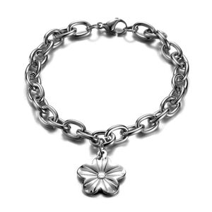 Stainless Steel Charm Bracelet Lobster Flower Silver 8" Inch
